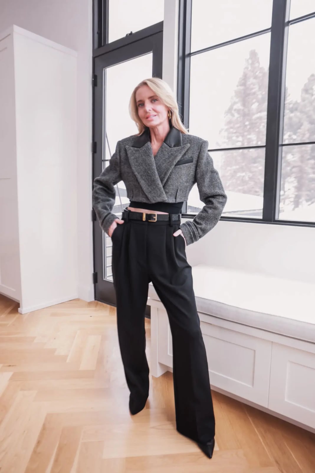 Gray Tweed Cropped Blazer with Black Trousers — Conference Outfits
