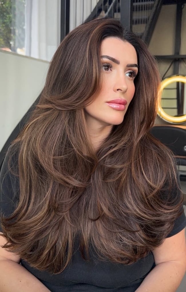 Medium Brown With Cool Highlights and Curtain Bangs Medium Brown With Cool Highlights and Curtain Bangs — Cool Brown Hair