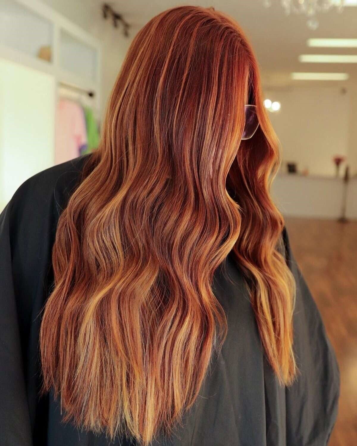 Mid-Back Copper With Blonde Highlights And Balayage and Loose Waves — Copper Hair with Blonde