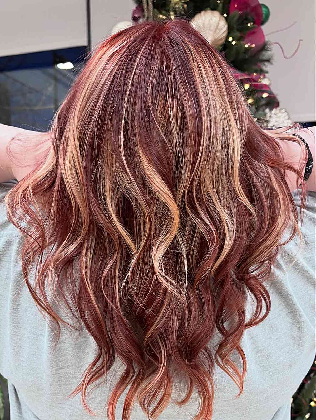 Mid-Back Red Base With Contrasting Blonde Highlights — Copper Hair with Blonde