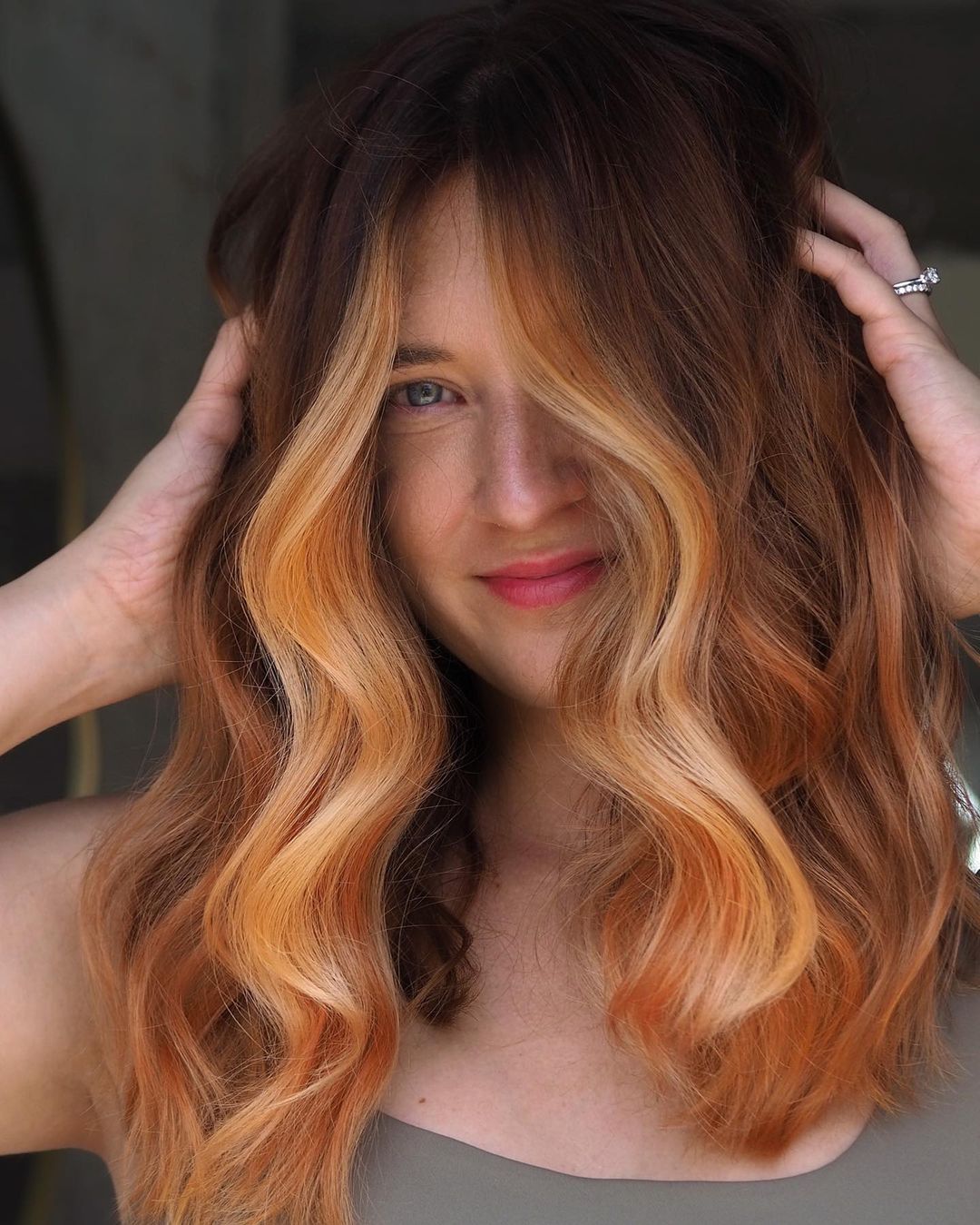 Collarbone Copper Balayage With Blended Blonde Tones — Copper Hair with Blonde