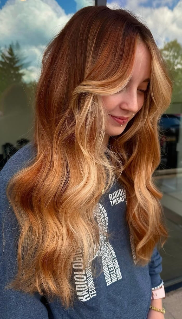 Mid-Back Strawberry Blonde Copper Melt With Layers — Copper Hair with Blonde