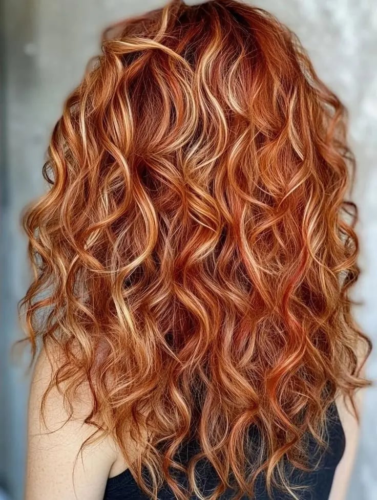 Mid-Back Curly Hair With Rich Copper And Blonde Highlights — Copper Hair with Blonde
