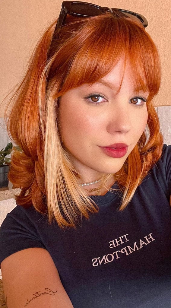 Collarbone Lob With Blunt Bangs And Blonde Peek-a-Boo — Copper Hair with Blonde