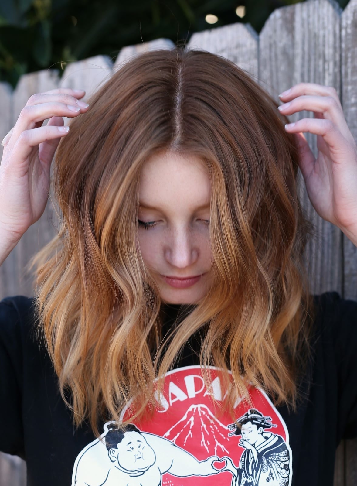 Shoulder Length Copper With Blonde Balayage And Curtain Bangs — Copper Hair with Blonde
