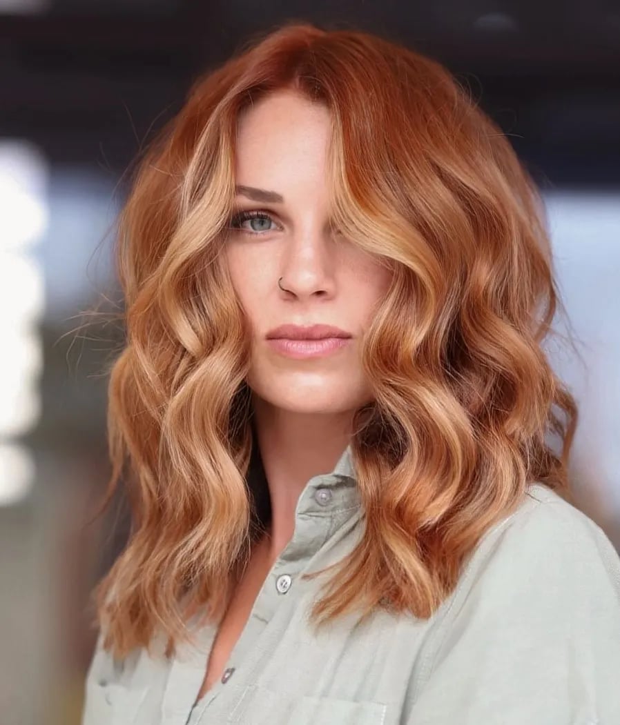Collarbone Lob With Copper Base And Blonde Money Piece — Copper Hair with Blonde