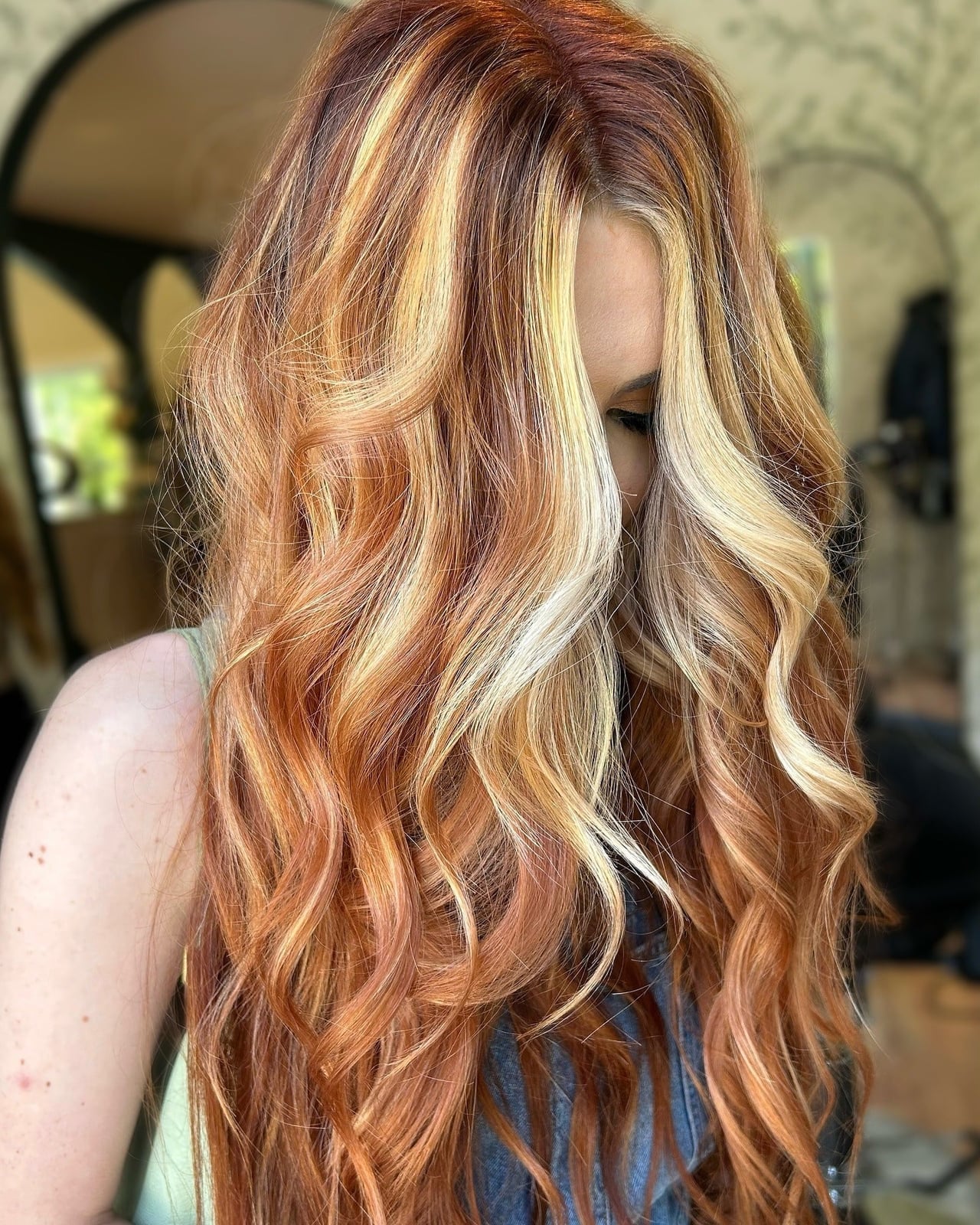Mid-Back Layers With Copper Base And Bold Blonde Streaks — Copper Hair with Blonde