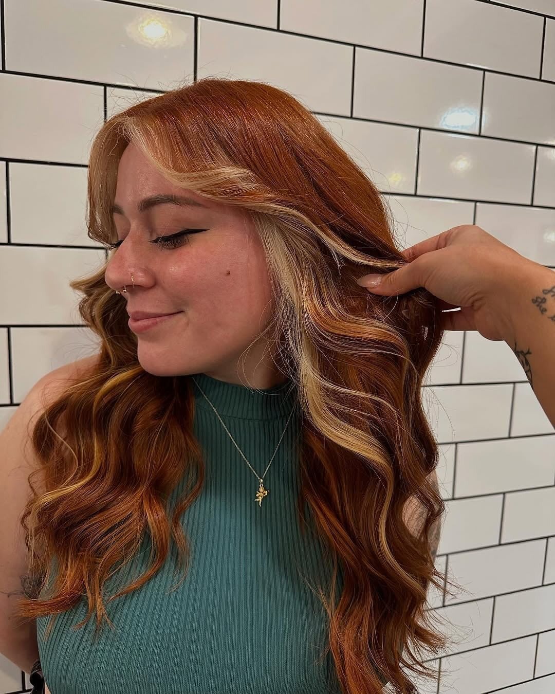 Mid-Back Layers With Curtain Bangs And Blonde Money Piece — Copper Hair with Blonde