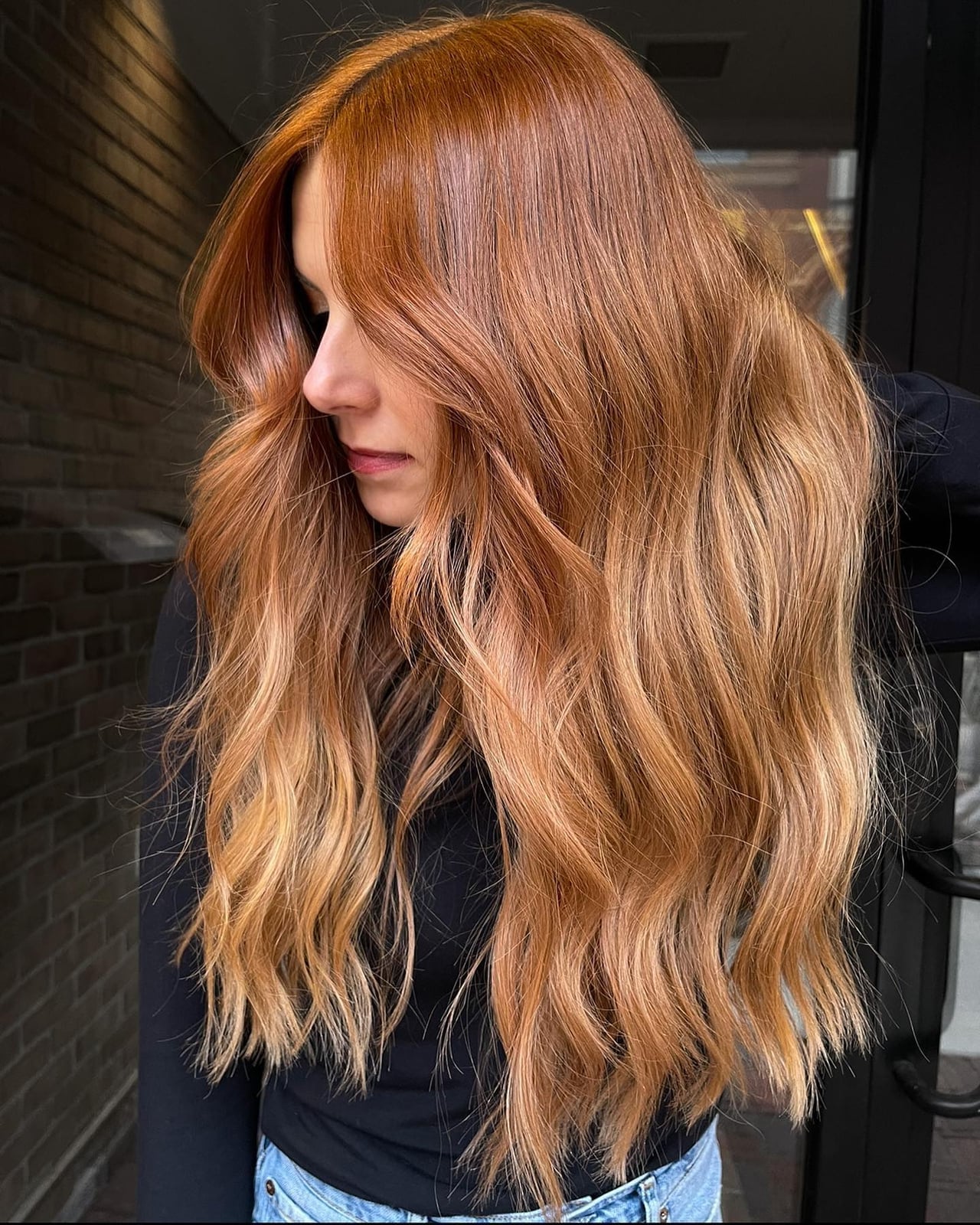 Mid-Back Copper Balayage With Blonde Highlights — Copper Hair with Blonde