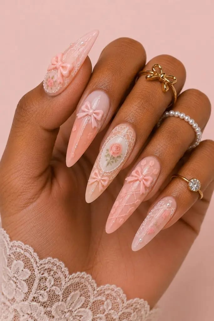 Long Stiletto Pink Gradient with Lace and Bows — Coquette Nails