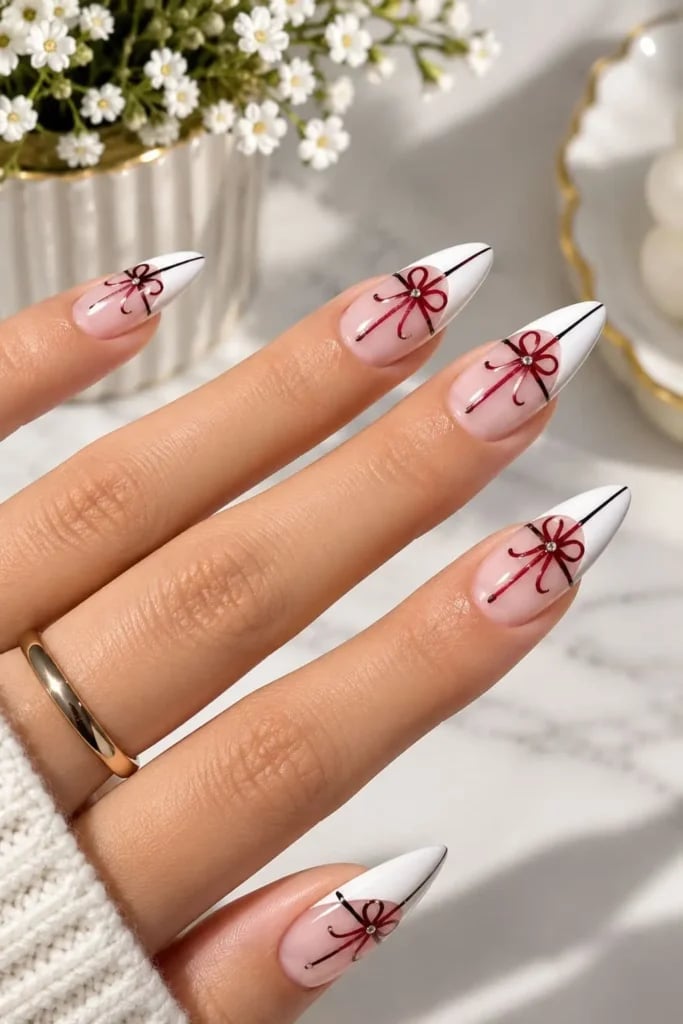 Medium Almond French with Red Bows and Rhinestones, Close-Up Take — Coquette Nails