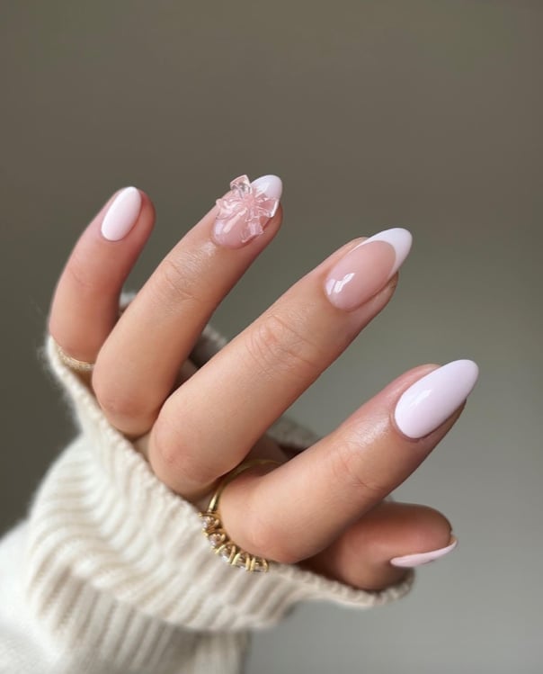 Medium Almond French with Clear 3D Bow — Coquette Nails