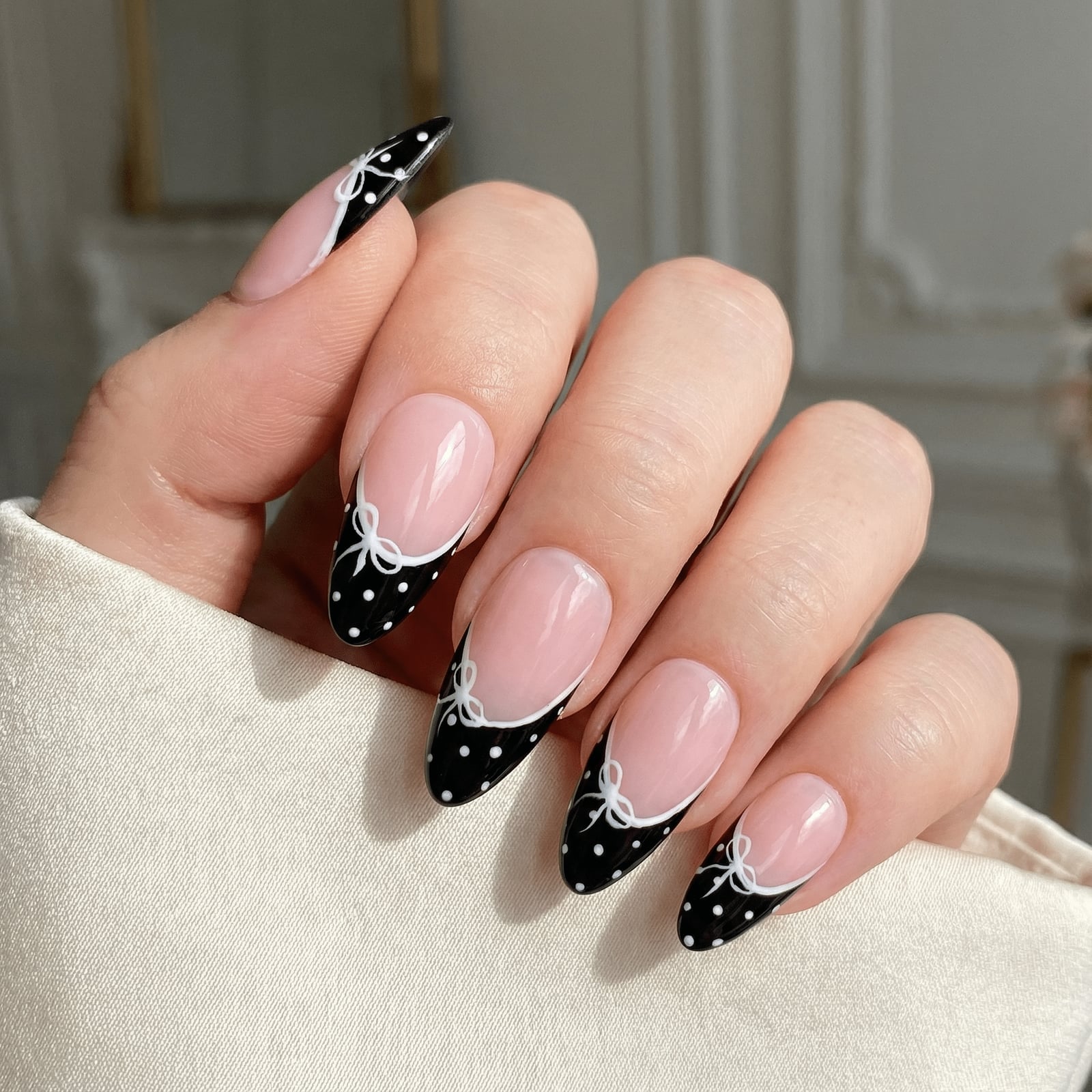 Medium Almond Black Polka Dot French with White Bows — Coquette Nails
