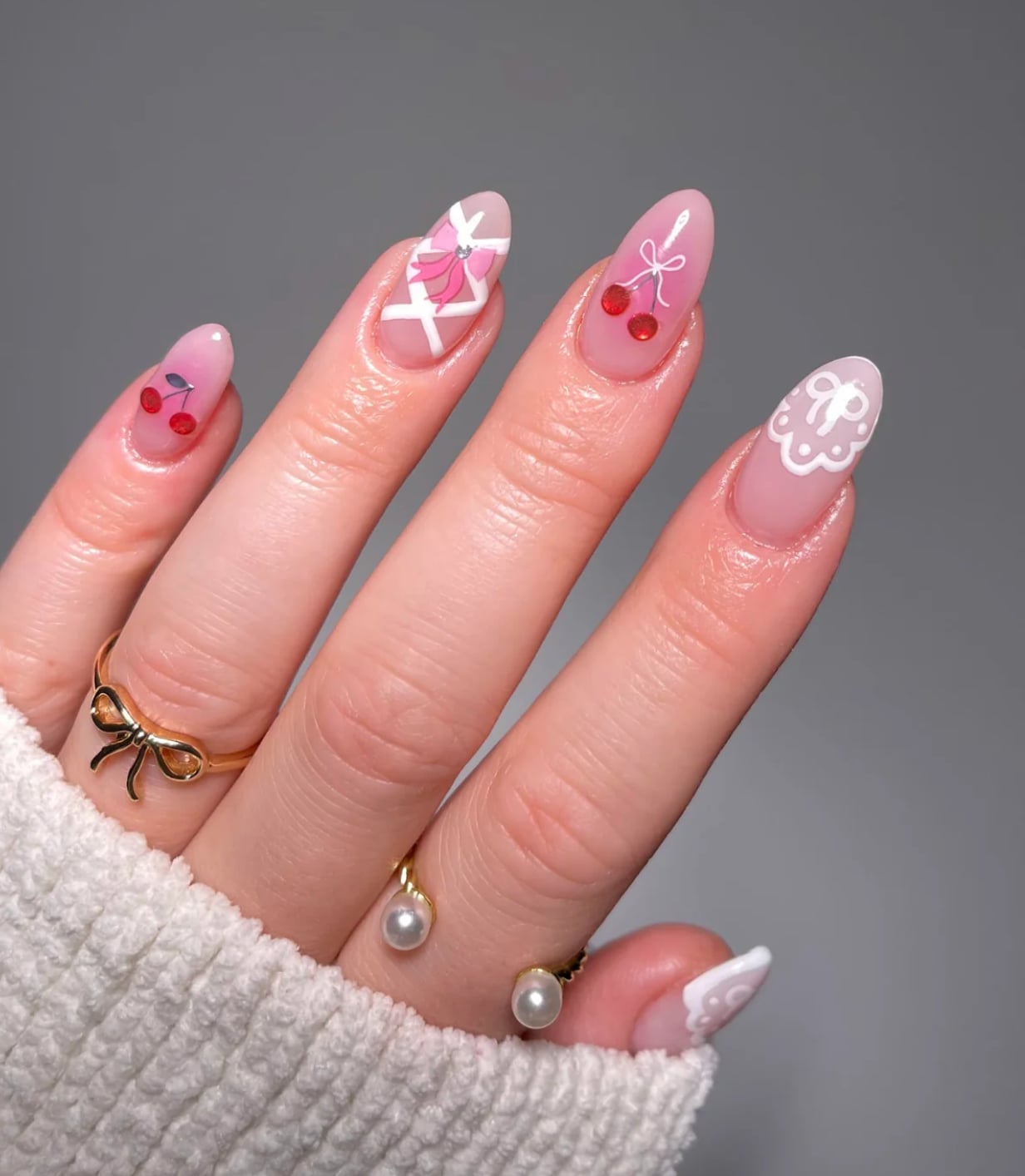 Medium Almond with Lace, Cherries, and Pink Bow — Coquette Nails