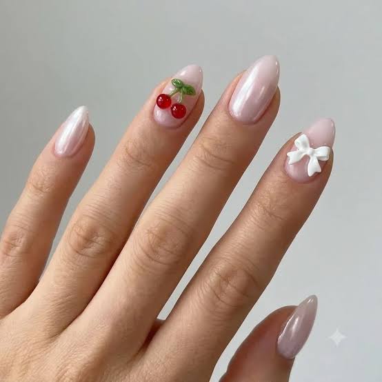 Medium Almond Pearlescent Pink with Cherry and Bow — Coquette Nails