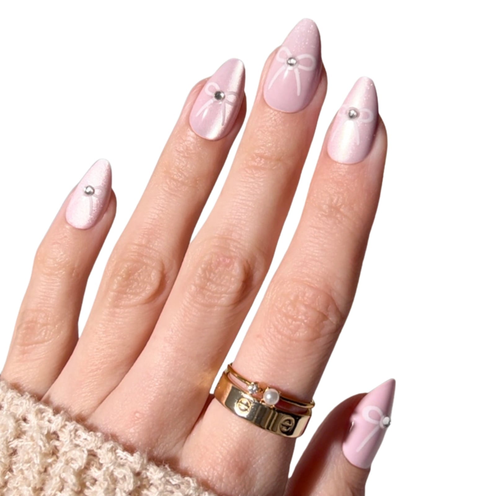 Medium Almond Pearlescent Pink with Bows and Gems — Coquette Nails