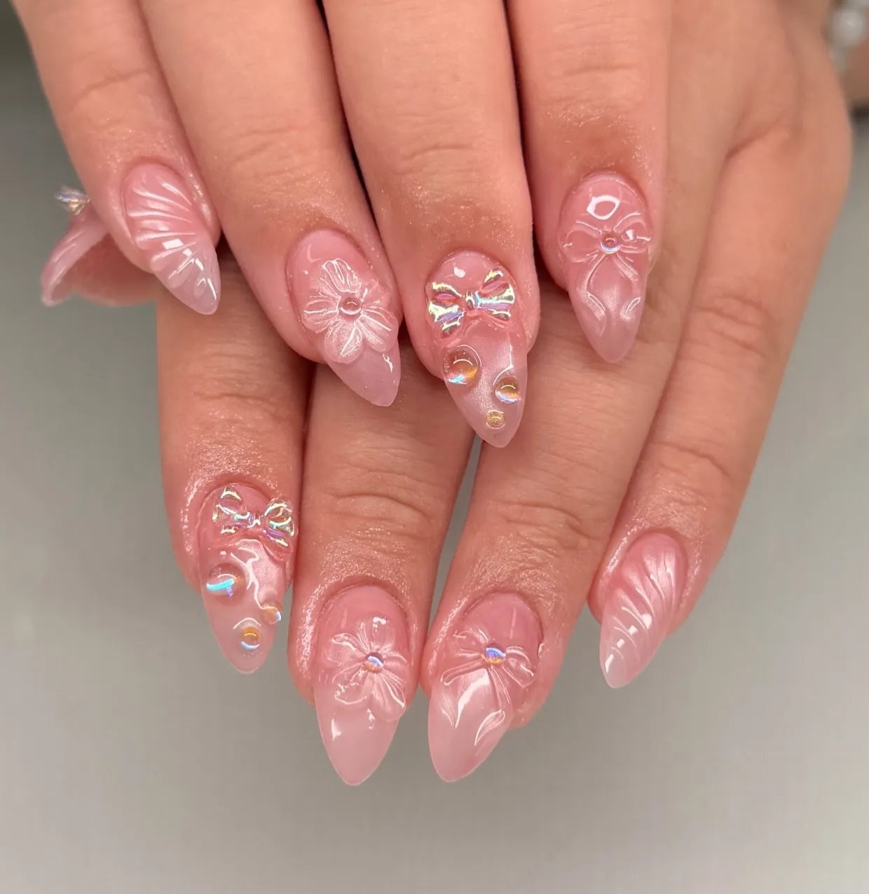 Medium Almond Sheer Pink with 3D Bows and Flowers — Coquette Nails