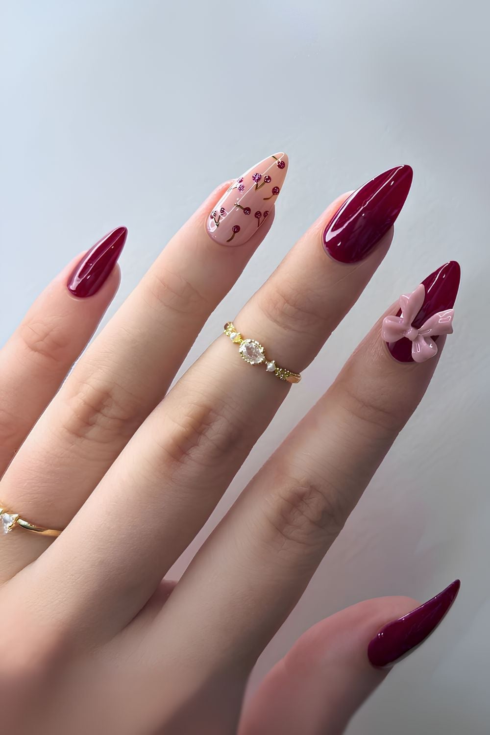 Medium-Long Almond Pink Gradient with Lace and Bows, Glossy — Coquette Nails