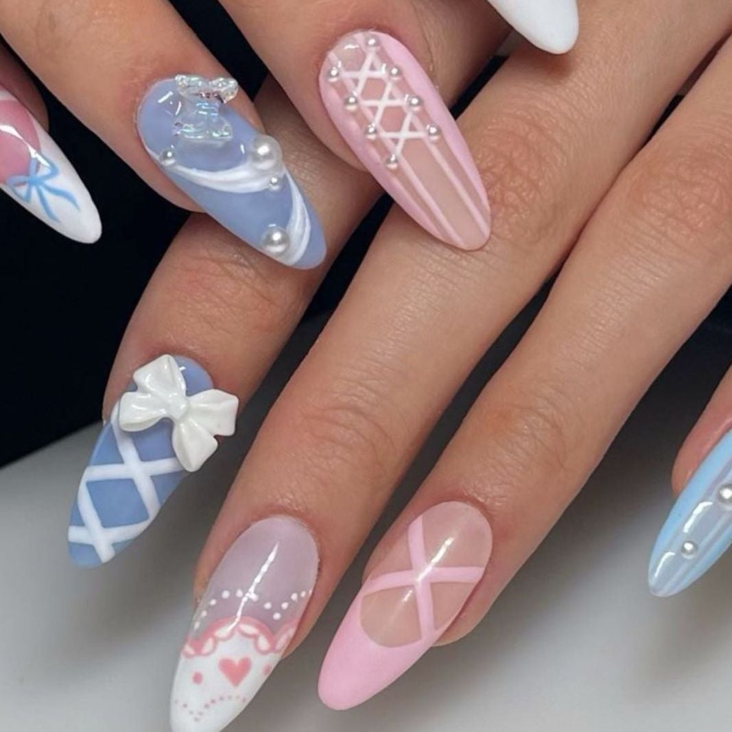 Pastel Stiletto Nails with 3D Bows and Corset Detail — Coquette Nails