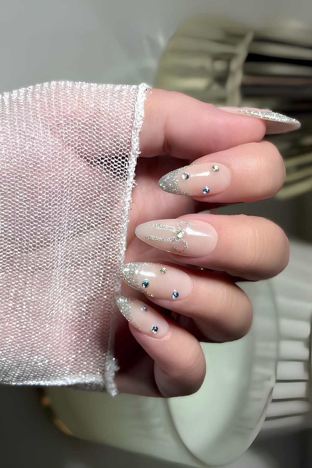 Medium-Long Almond Soft Pink Gradient with Bows, Sheer Nude — Coquette Nails