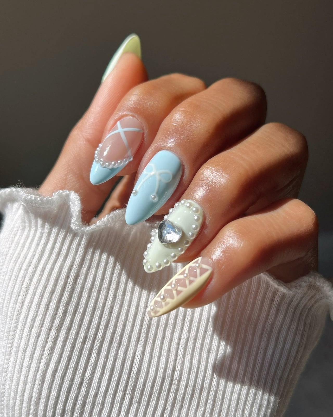Medium-Long Almond Pastel with Crosshatch and Bow — Coquette Nails
