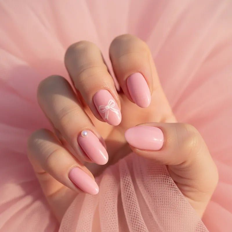 Medium Oval Light Pink with White Bow and Pearl, Glossy — Coquette Nails