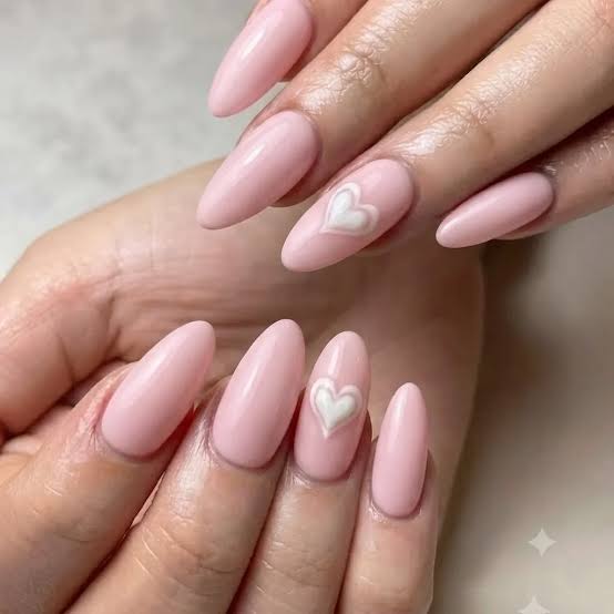 Medium Almond Light Pink with White Heart Outlines — Coquette Nails