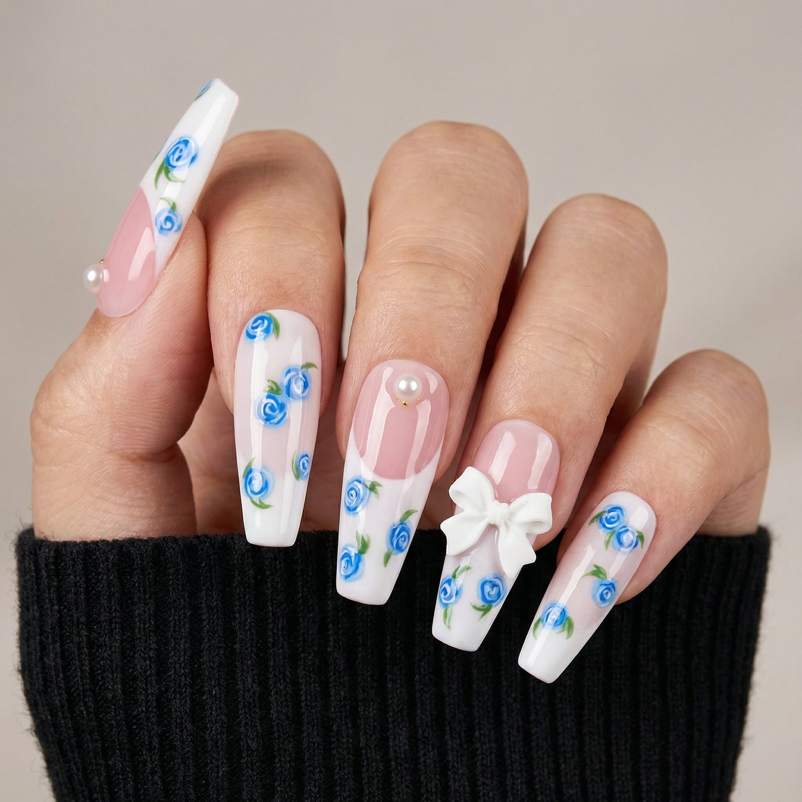 Long Coffin French with Blue Roses and White Bow — Coquette Nails