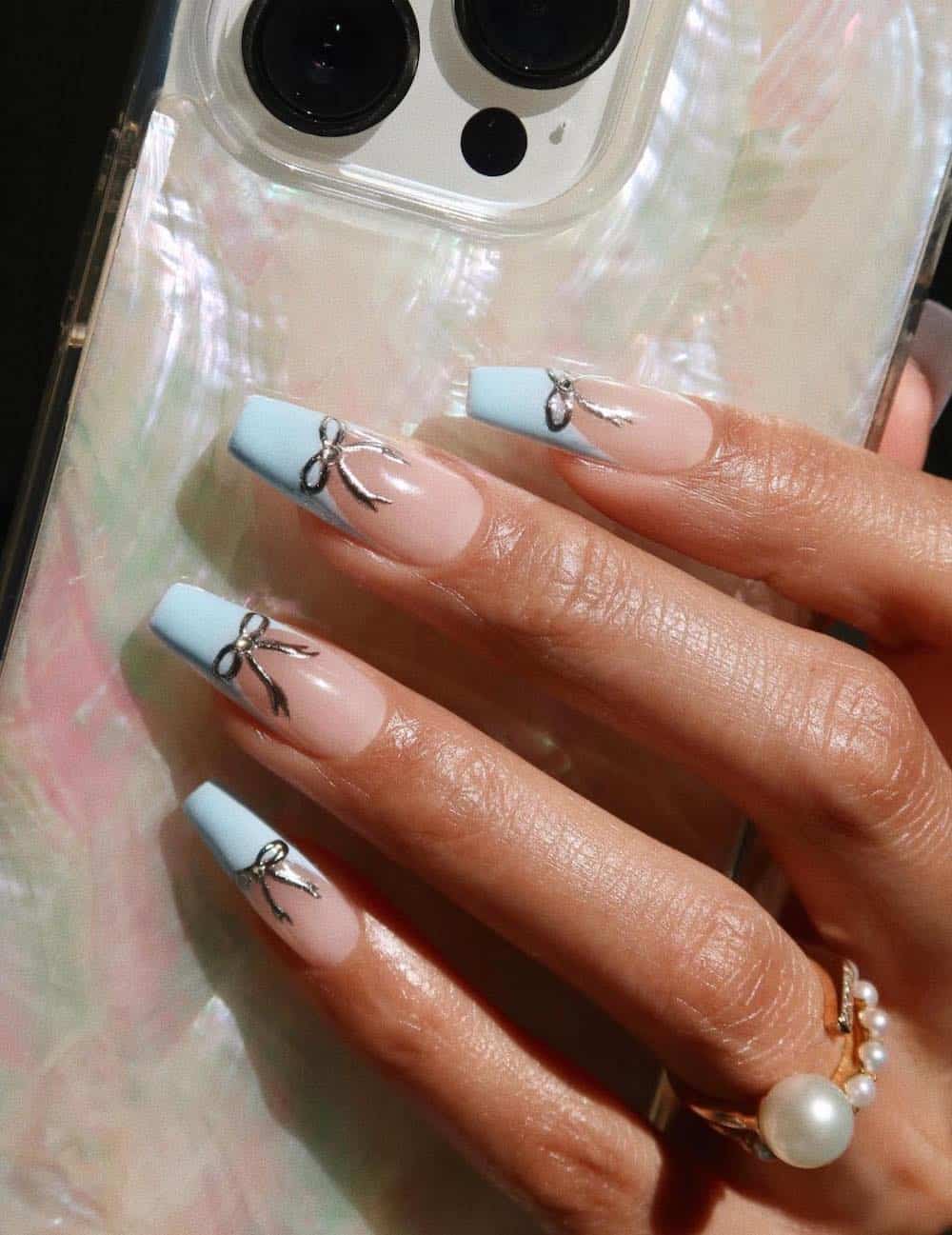 Long Coffin French with Silver Bow Charms — Coquette Nails