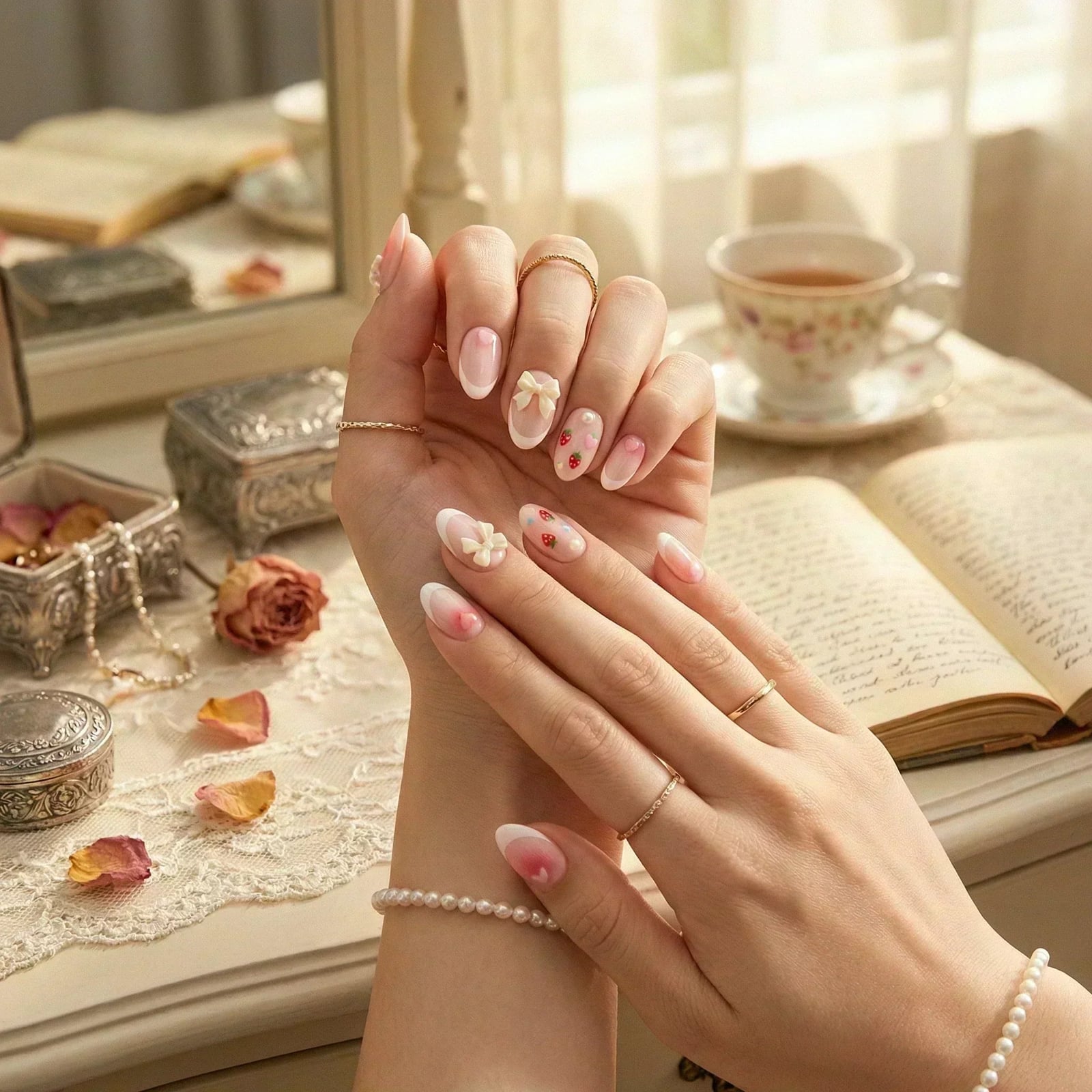 Medium Almond Nude French with 3D Bows and Strawberries — Coquette Nails