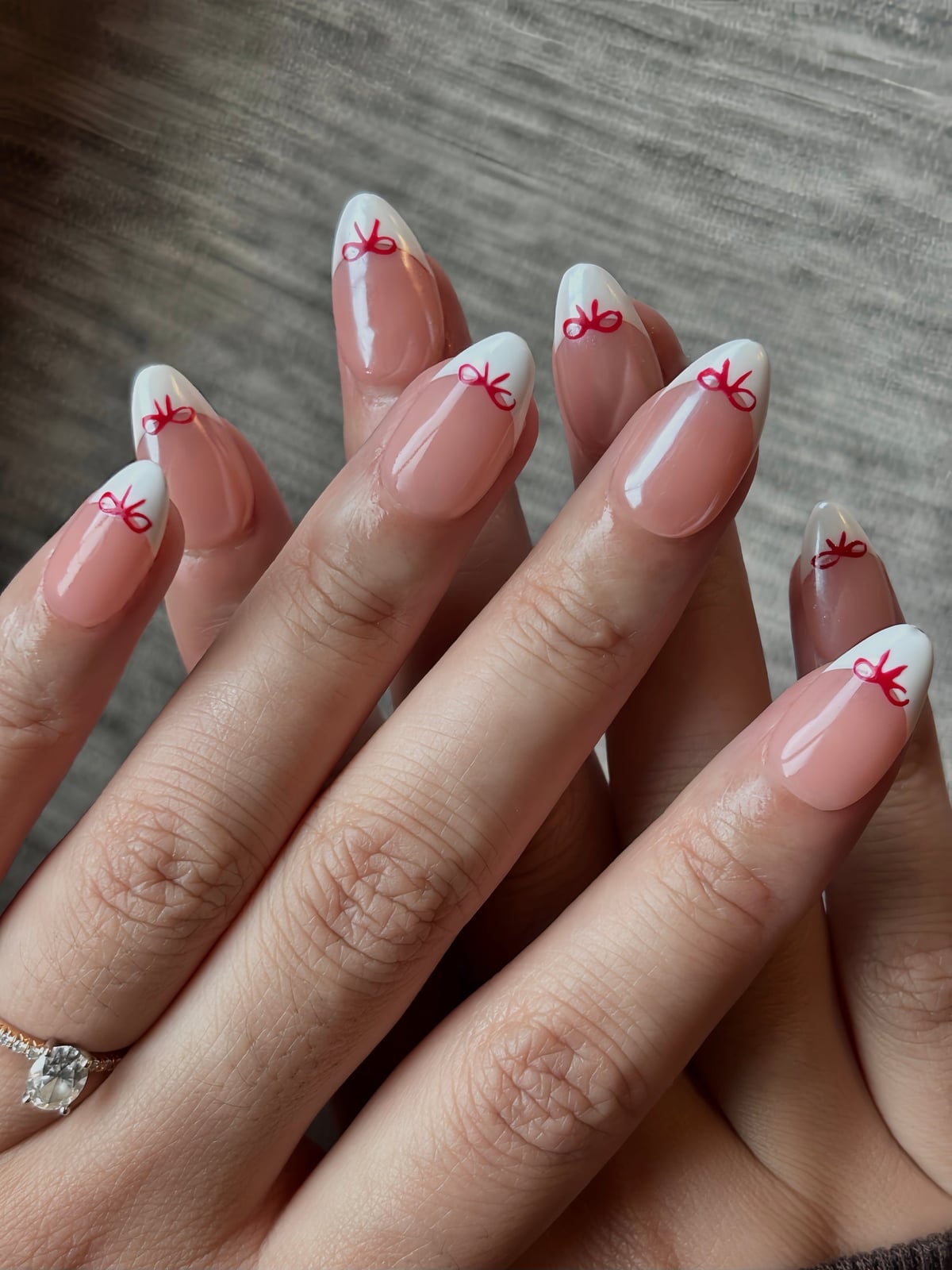 Medium Almond French with Tiny Red Bows — Coquette Nails