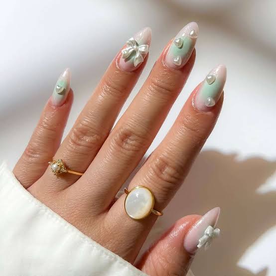 Medium Almond French with Pearls — Coquette Nails