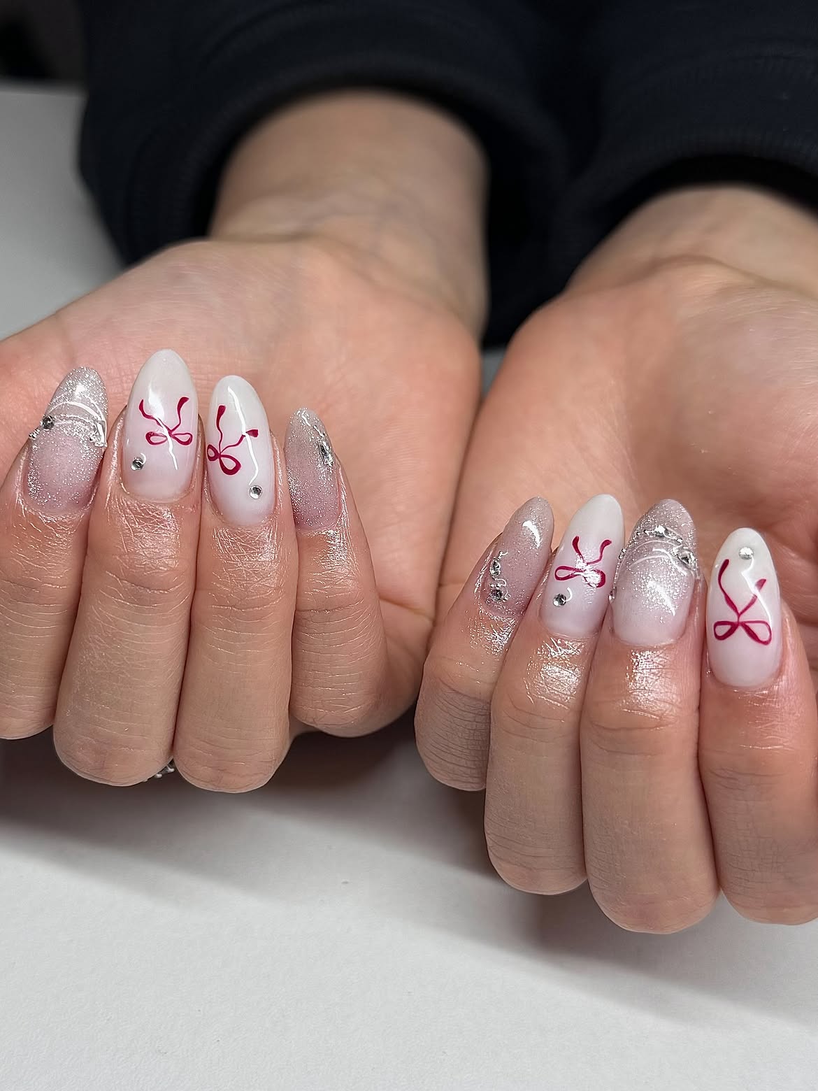 Coquette Red Bow Almond Holiday Nails