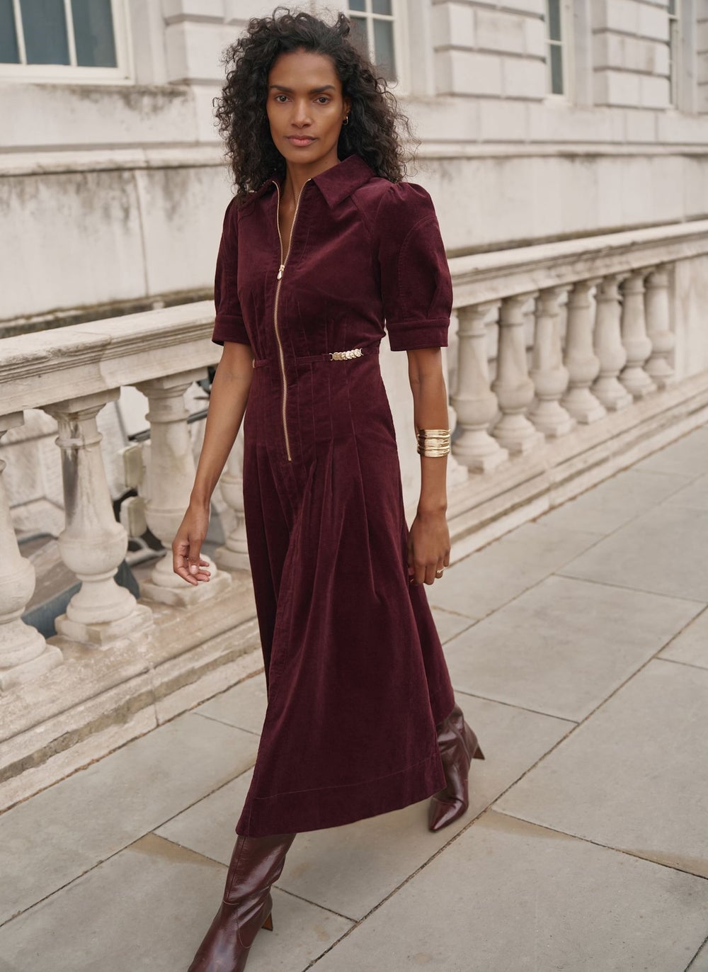 Burgundy Corduroy Midi Dress with Zipper Detail Burgundy Corduroy Midi Dress with Zipper Detail — Corduroy Dress