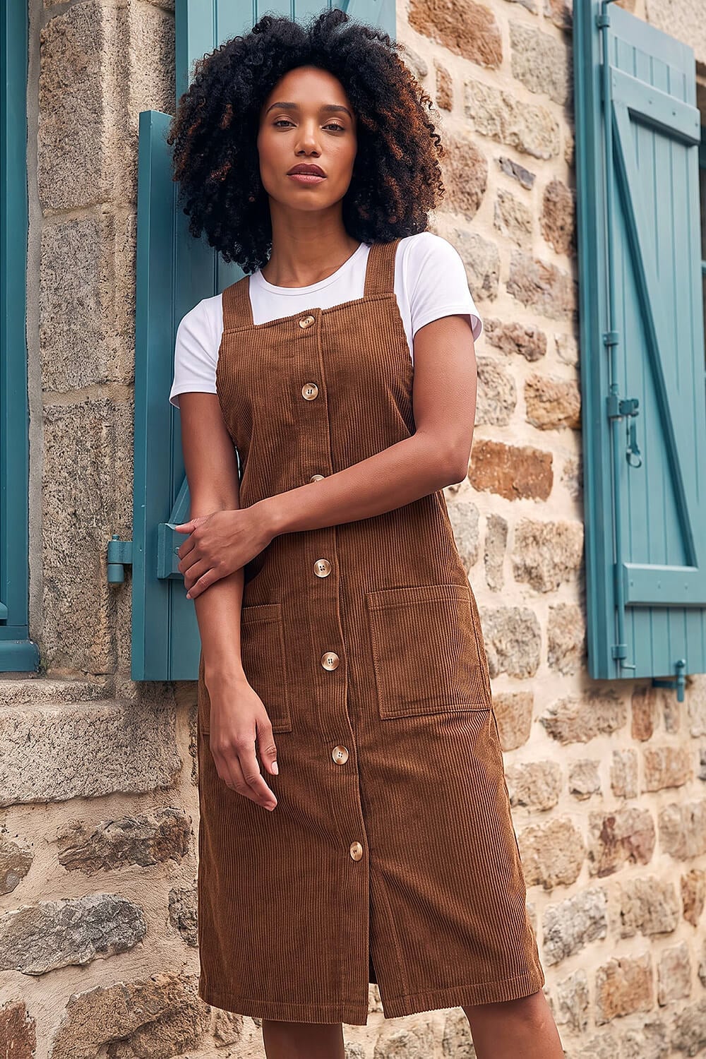 Brown Corduroy Pinafore Dress with Button Front Brown Corduroy Pinafore Dress with Button Front — Corduroy Dress