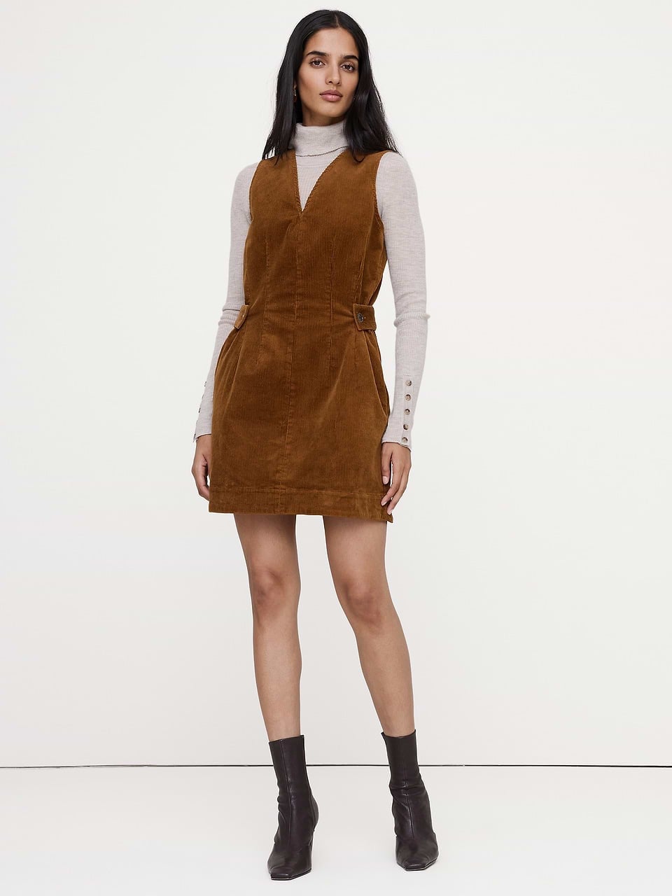 Brown Corduroy Pinafore Mini Dress with Side Buttons Brown Corduroy Pinafore Mini Dress with Side Buttons — Corduroy Dress
