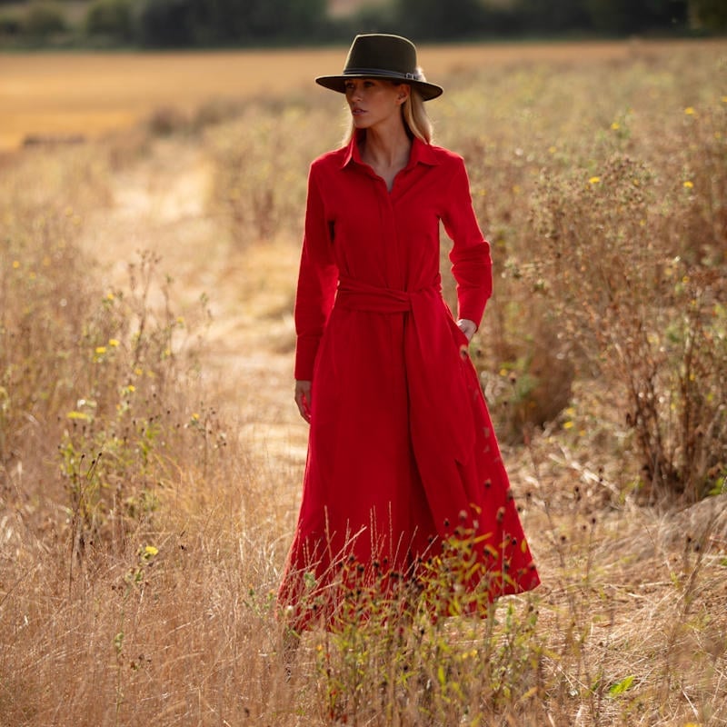 Vibrant Red Corduroy Shirt Dress with Waist Tie Vibrant Red Corduroy Shirt Dress with Waist Tie — Corduroy Dress