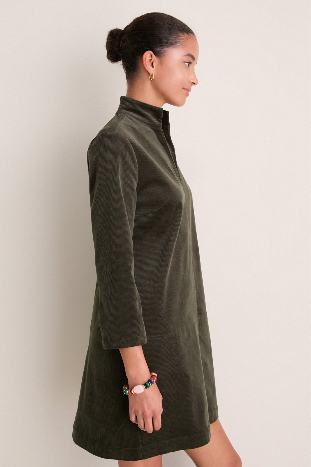 Olive Green Corduroy Dress with High Neckline Olive Green Corduroy Dress with High Neckline