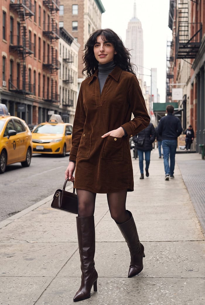 Brown Corduroy Mini Shirt Dress with Pockets Brown Corduroy Mini Shirt Dress with Pockets — Corduroy Dress