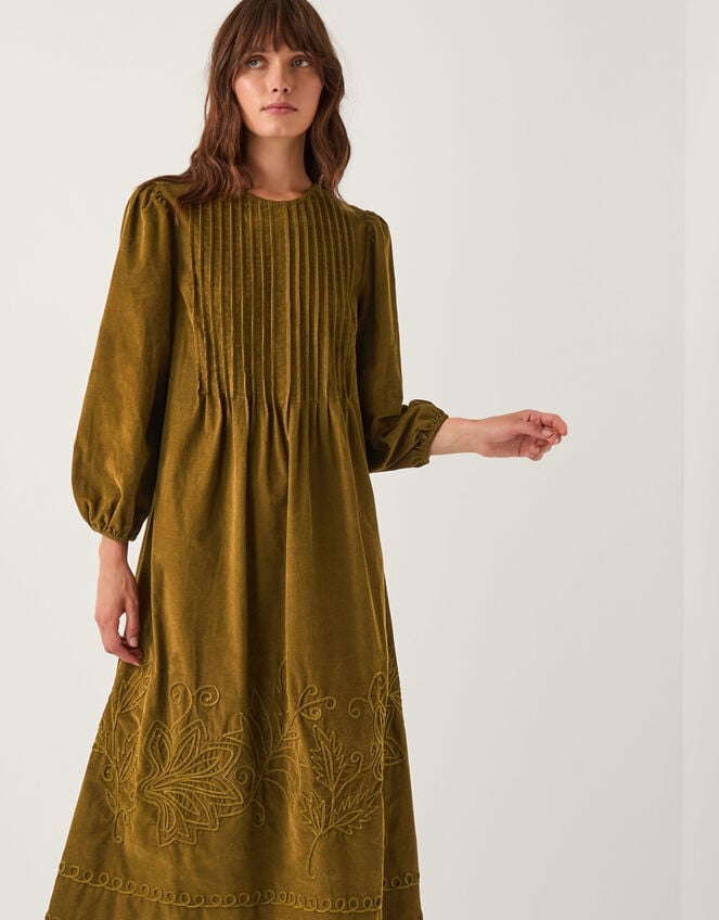 Olive Green Corduroy Midi Dress with Embroidered Hem Olive Green Corduroy Midi Dress with Embroidered Hem — Corduroy Dress