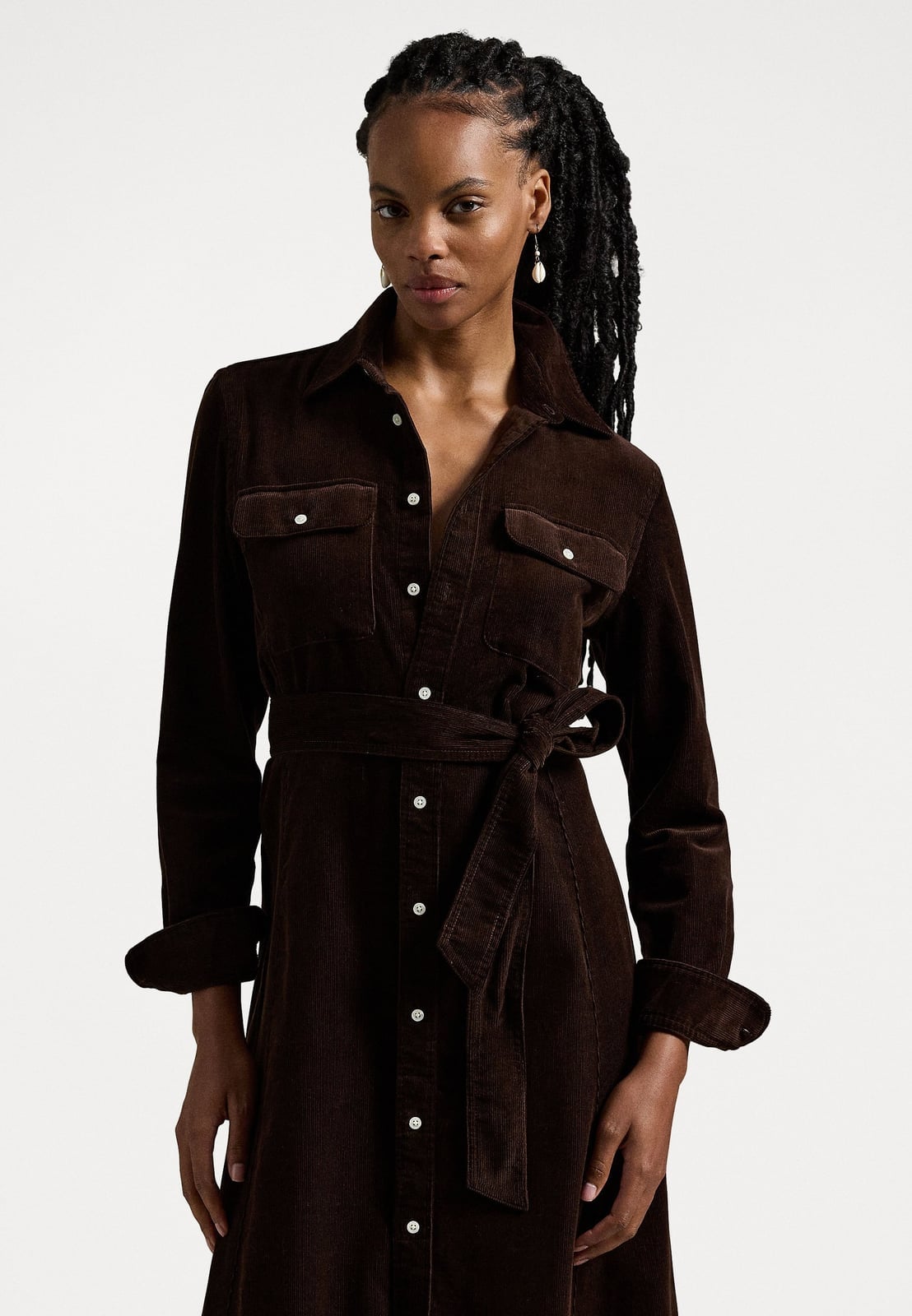 Brown Corduroy Shirt Dress with Belted Waist Brown Corduroy Shirt Dress with Belted Waist — Corduroy Dress