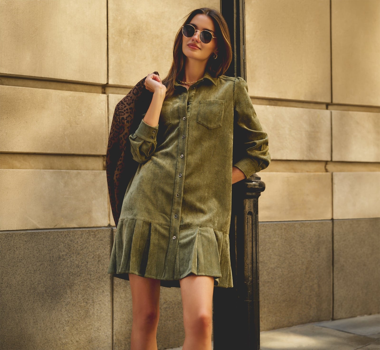Olive Green Corduroy Shirt Dress with Ruffled Hem Olive Green Corduroy Shirt Dress with Ruffled Hem — Corduroy Dress