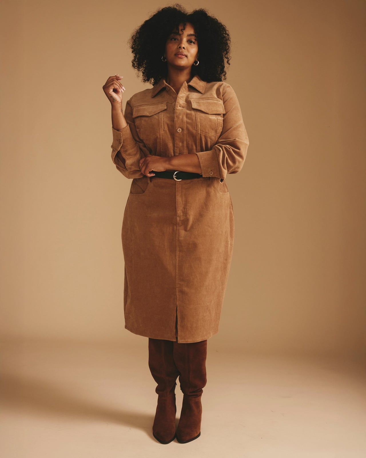 Camel Corduroy Midi Dress with Waist Tie Camel Corduroy Midi Dress with Waist Tie — Corduroy Dress