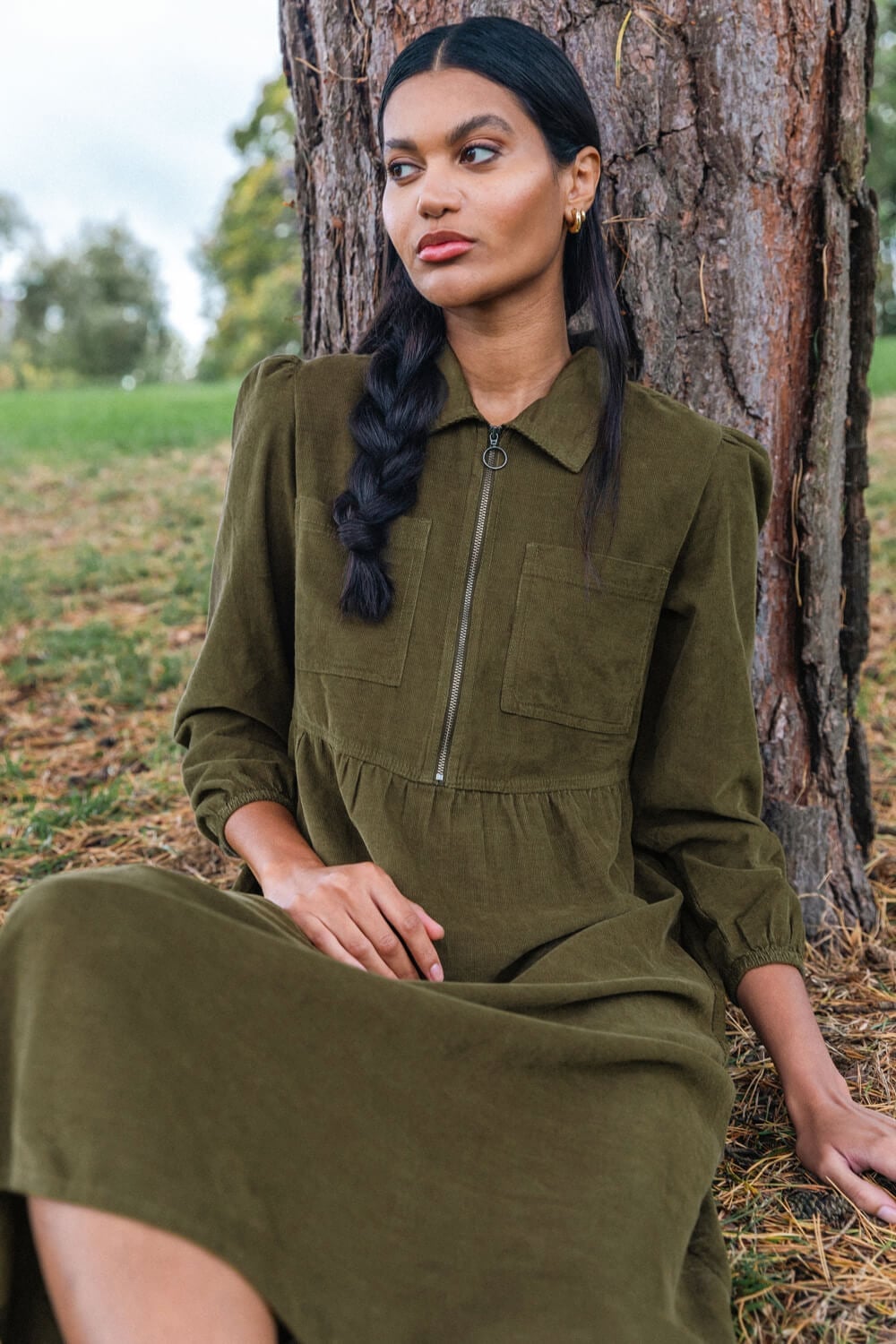 Olive Green Corduroy Dress with Zipper and Puff Sleeves Olive Green Corduroy Dress with Zipper and Puff Sleeves