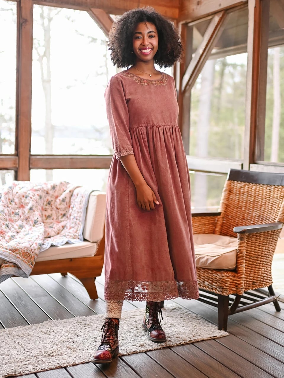 Rose Pink Corduroy Midi Dress with Lace Trim Rose Pink Corduroy Midi Dress with Lace Trim — Corduroy Dress