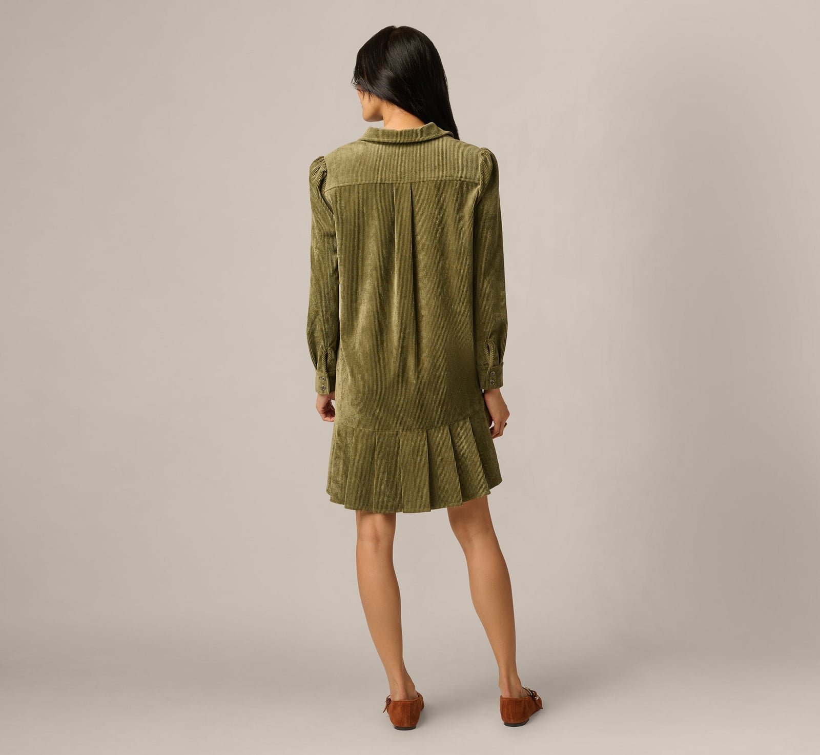 Olive Green Corduroy Dress with Pleated Hem Olive Green Corduroy Dress with Pleated Hem