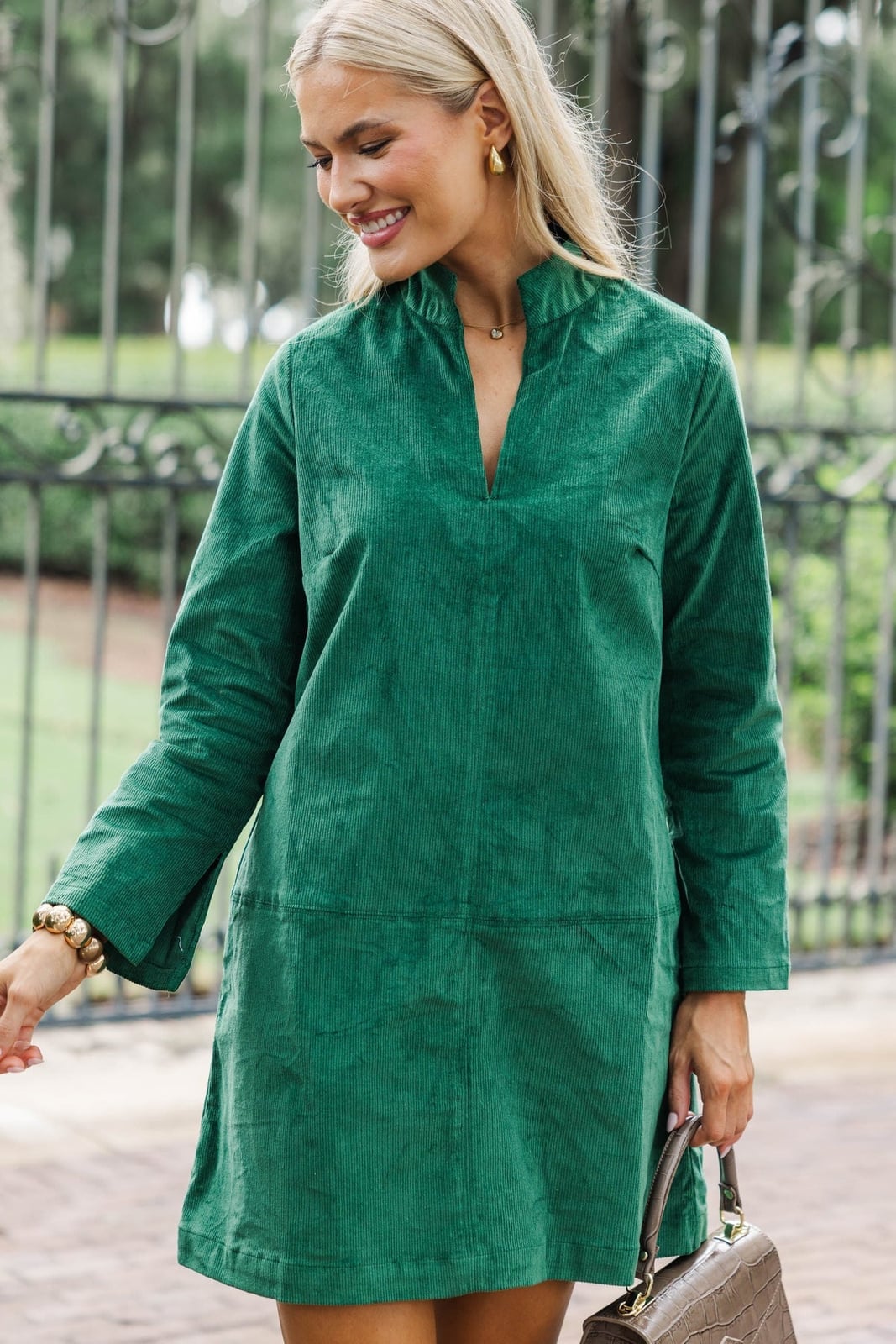 Emerald Green Corduroy Shift Dress with V-neck Emerald Green Corduroy Shift Dress with V-neck — Corduroy Dress