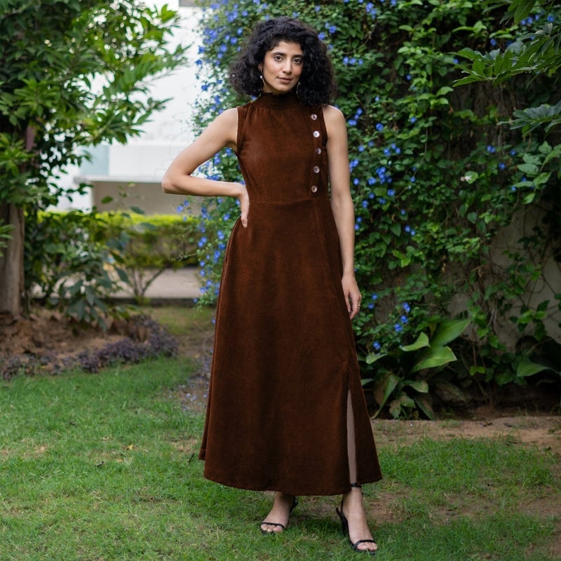 Brown Corduroy Midi Dress with High Neckline Brown Corduroy Midi Dress with High Neckline — Corduroy Dress