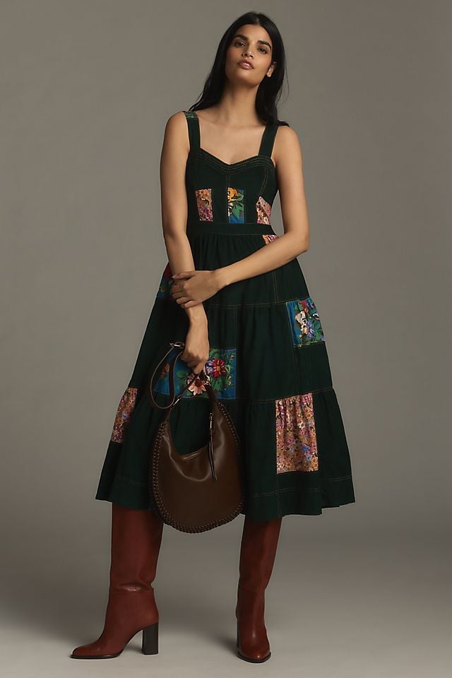 Dark Green Corduroy Midi Dress with Patchwork Panels, Close-Up Take Dark Green Corduroy Midi Dress with Patchwork Panels, Close-Up Take — Corduroy Dress