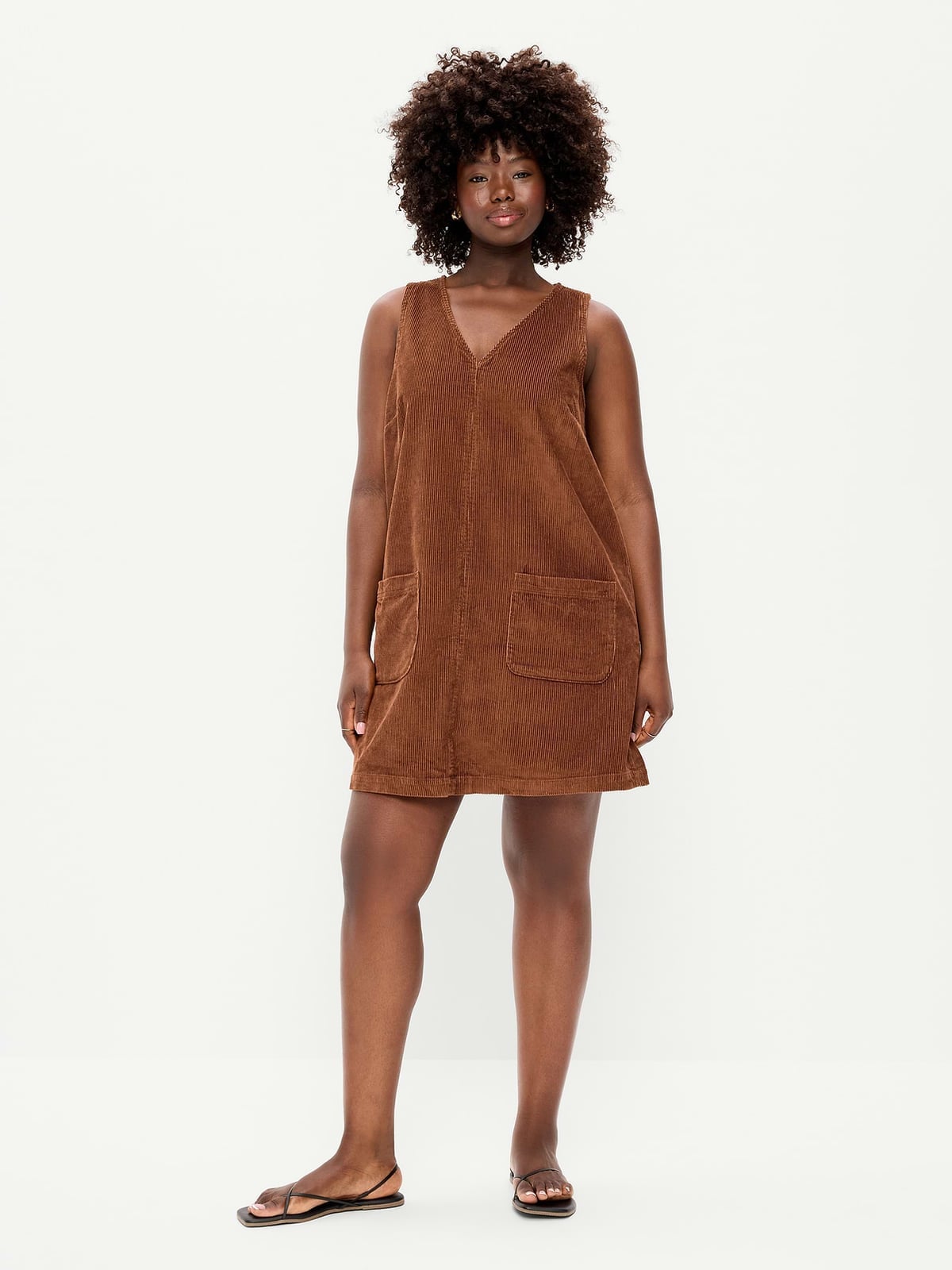 Brown Corduroy Shift Dress with Front Pockets and Black Flip-Flops Brown Corduroy Shift Dress with Front Pockets and Black Flip-Flops — Corduroy Dress